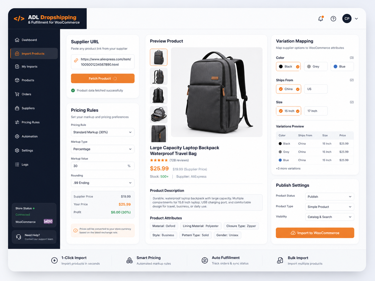 Supplier preview, pricing rules, and publish controls